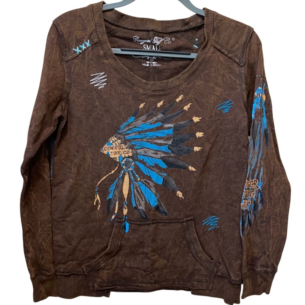 Cowgirl Tuff Co Womens Brown Acid Wash‎ Headdress Graphic Sweatshirt Small Small